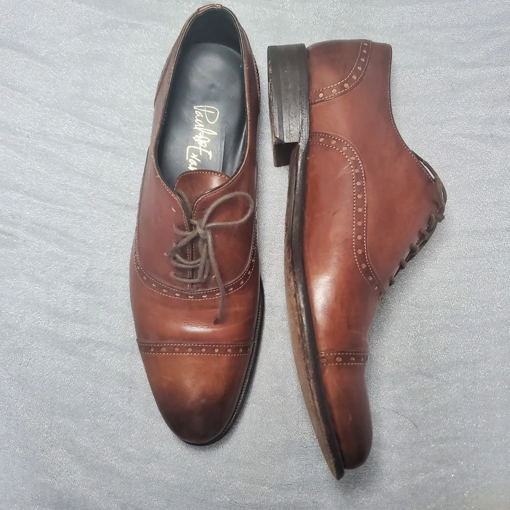 Paul Evans The Brando semi-brogue Brown Leather Cap Toe Shoes Made in Italy 7.5